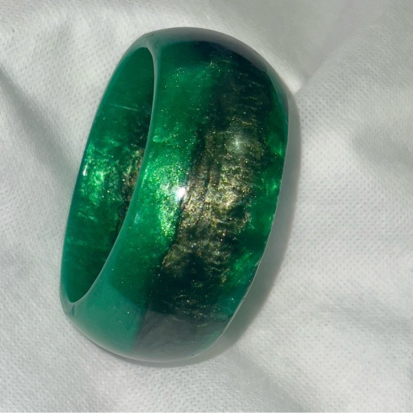Luscious Dark Jungle Green Swirled Golden Black Wide Bangle Bracelet Handcrafted - Picture 8 of 11